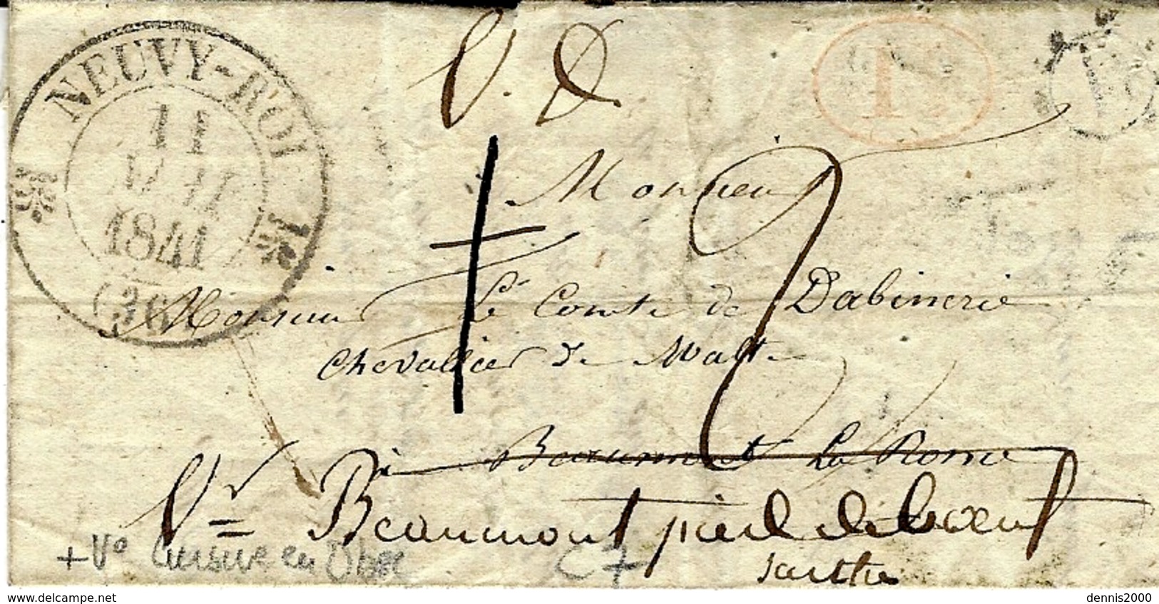 1841- Lettre De NEUVY-ROI ( Indre Et Loire ) Cad T12- Taxe 1 D Barré Puis 2d-au Dos, Cursive 36 / Neyulqé-Pont-Pierre - 1801-1848: Precursori XIX