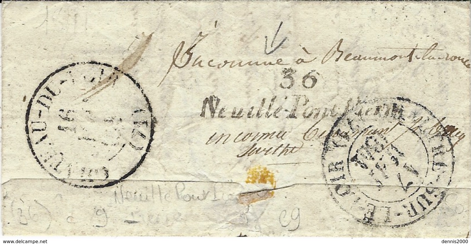 1841- Lettre De NEUVY-ROI ( Indre Et Loire ) Cad T12- Taxe 1 D Barré Puis 2d-au Dos, Cursive 36 / Neyulqé-Pont-Pierre - 1801-1848: Precursori XIX