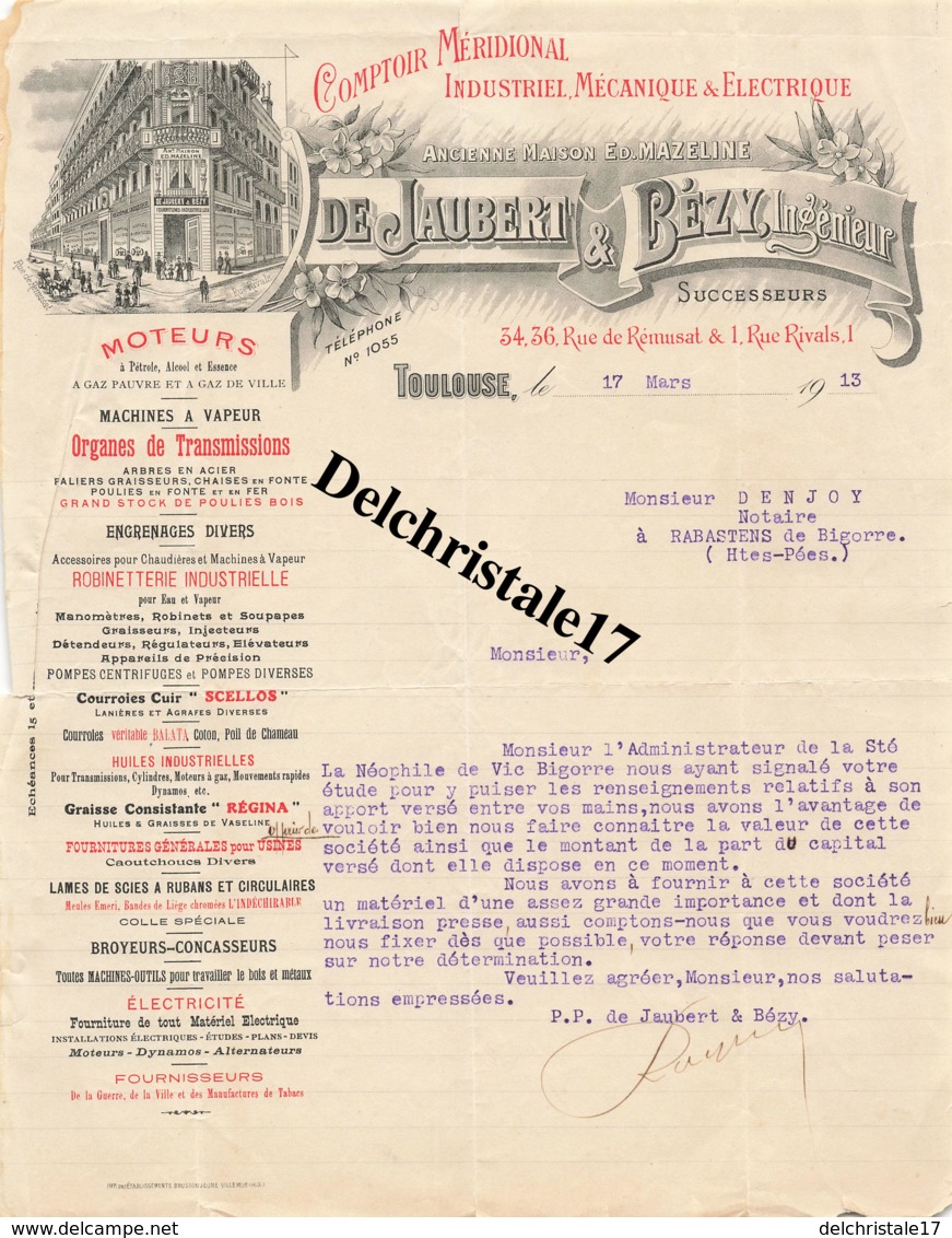 31 TOULOUSE - 1913 - COMPTOIR MÉRIDIONAL INDUSTRIEL & ÉLECTRICITÉ - DE JAUBERT & BÉZY (ANCIENNE MAISON ED. MAZELINE) - 1900 – 1949