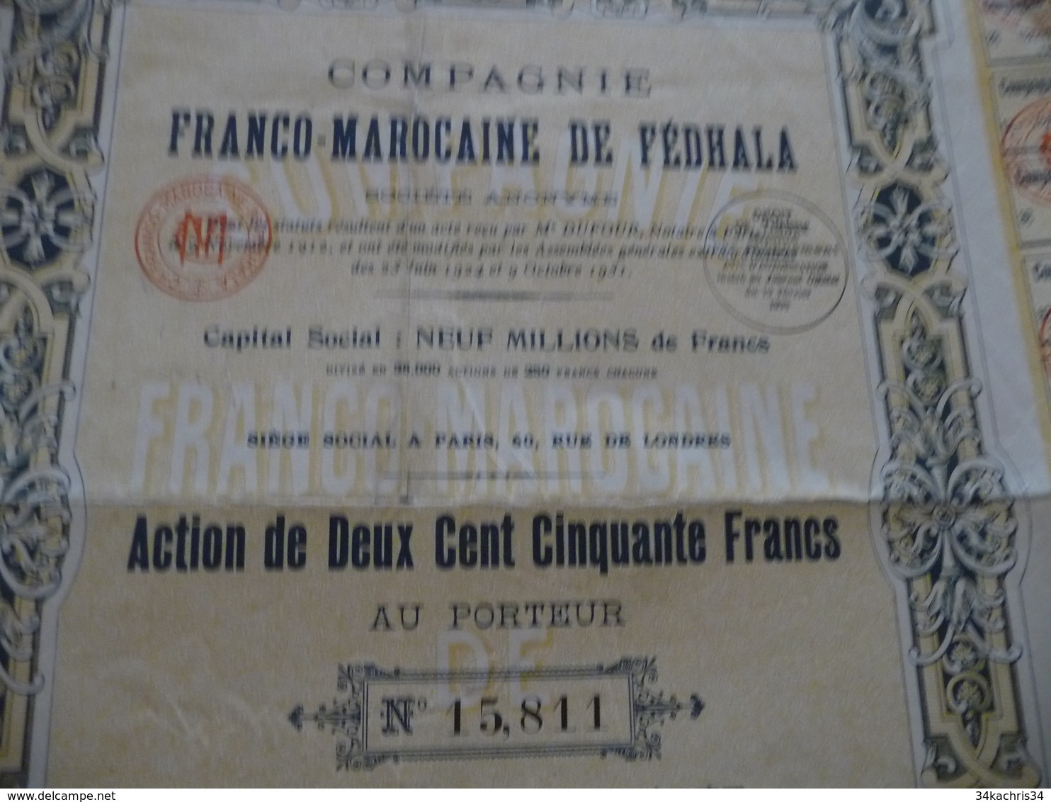 Action 250 Francs Compagnie Franco Marocaine De Fédhala Mines ? - Afrique