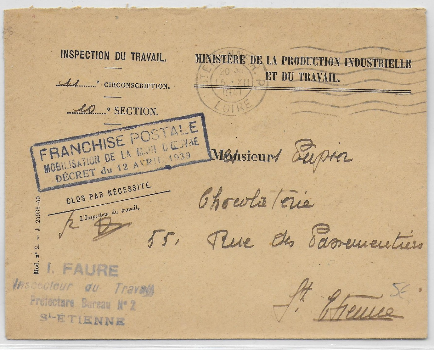 1942 - ENVELOPPE Du MINISTERE De LA PRODUCTION Avec FRANCHISE "MOBILISATION DE LA MAIN D'OEUVRE" De ST ETIENNE (LOIRE) - Guerre De 1939-45