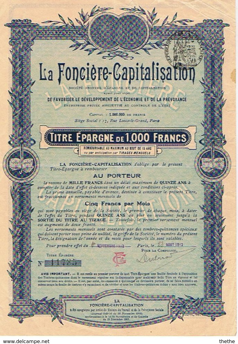 La Foncière-Capitalisation - Titre Epargne De 1000 Francs + Feuille Avec Timbres-Quittances - D - F