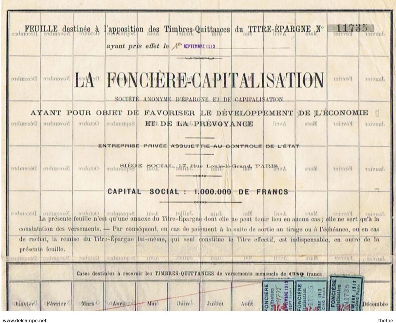 La Foncière-Capitalisation - Titre Epargne De 1000 Francs + Feuille Avec Timbres-Quittances - D - F