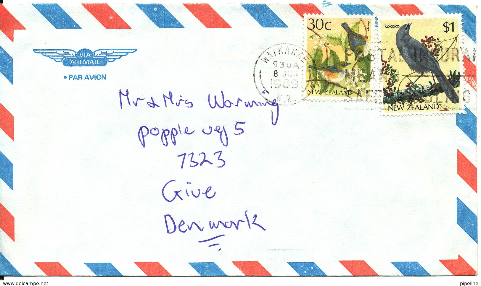 New Zealand Air Mail Cover Sent To Denmark Waikanae 8-6-1989 - Airmail