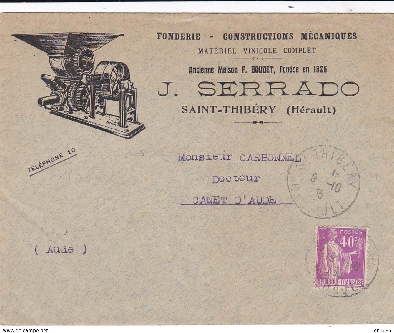 FRANCE :  Type Paix 40c  Sur Enveloppe Illustrée Fonderie Serrado De Saint-Thibéry CaD De 1935 - 1921-1960: Modern Period