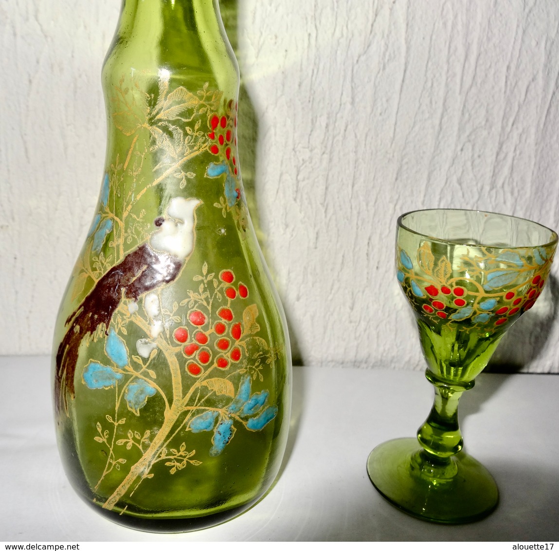 CARAFE EMAILLEE + VERRE DECOR OIDEAU - Verre & Cristal