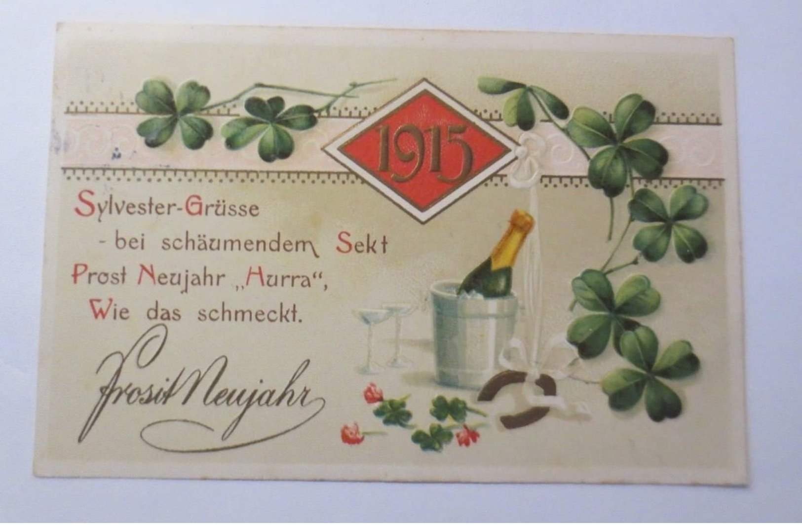 Neujahr, Jahreszahl, Sekt, Kleeblatt, Silvester,   1914, Prägekarte ♥ (66108) - Nouvel An