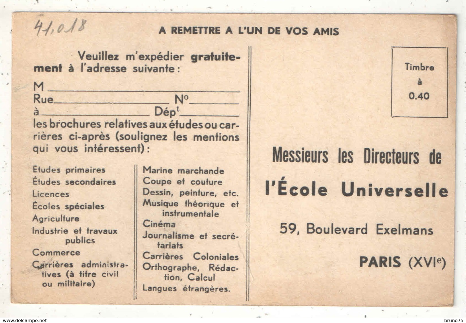 75 - PARIS - Ecole Universelle - Inscription Des élèves Et Expédition Des Cours - Enseignement, Ecoles Et Universités