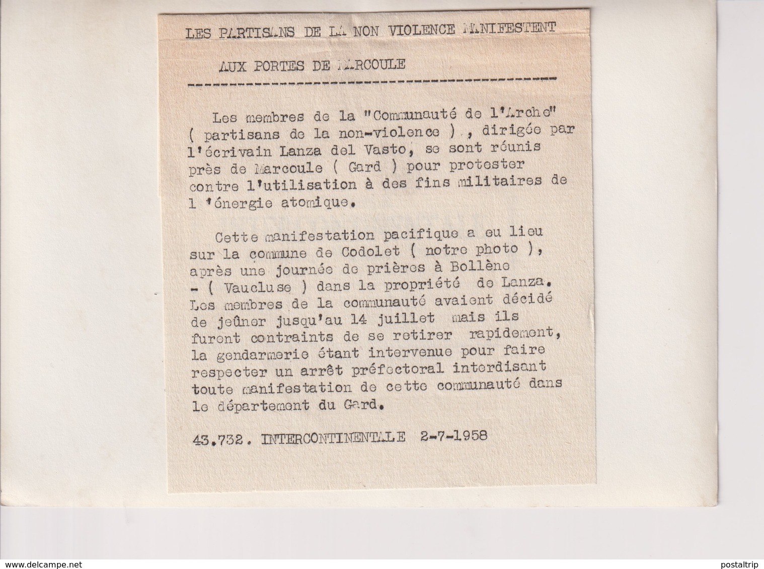 PARTISANS DE LA NON VIOLENCE. PORTES DE MARCOULE GARD. COMMUNAUTE DE L' ARCHE. LANZA DEL VASTO. COMMUNE CODOLET 18*13 CM - Sin Clasificación