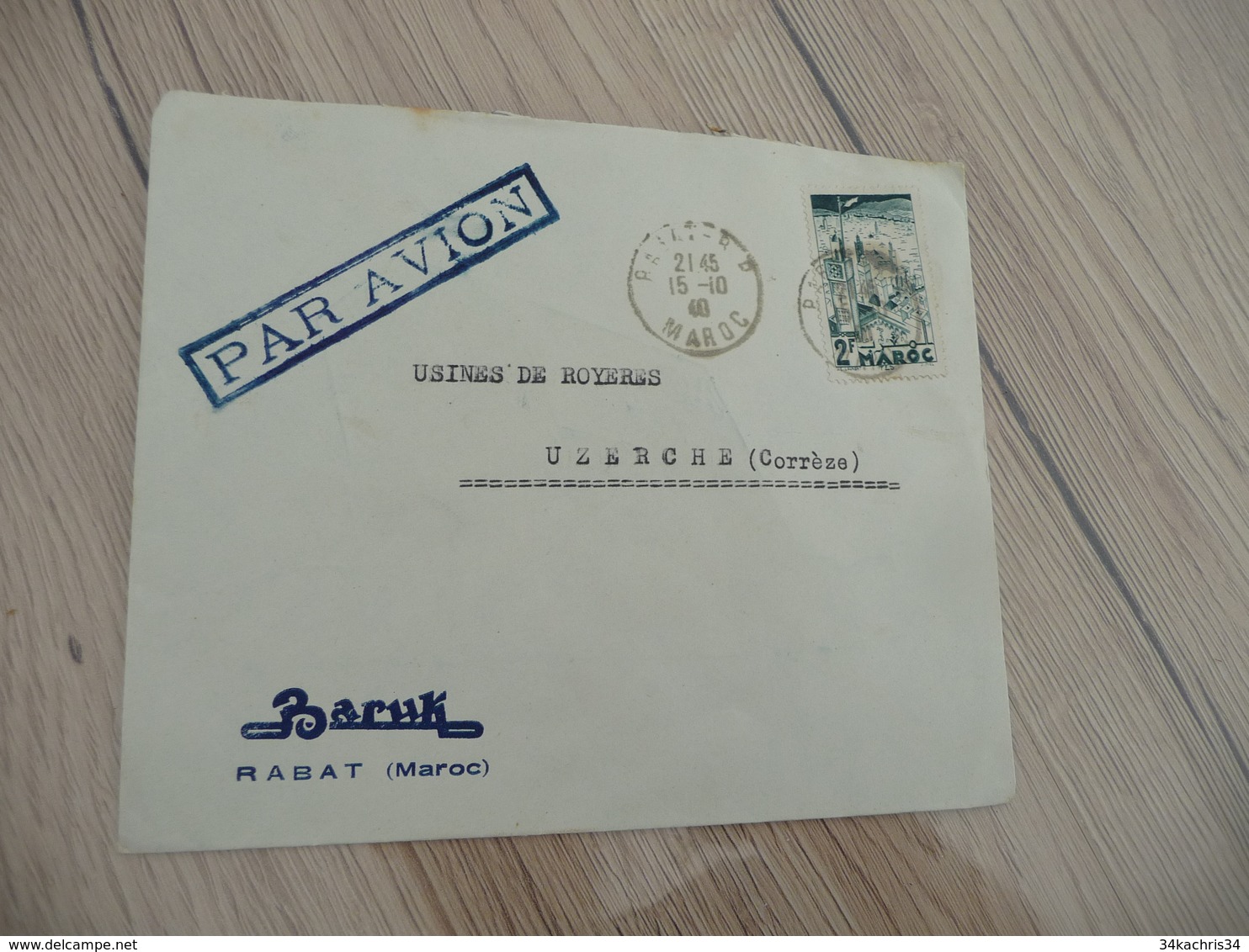 Lettre Illustrée Colonies Françaises Maroc  1 TP Pub Par Avion Pâte Mélusine  Rabat Pour Uzerche 1940 - Lettres & Documents