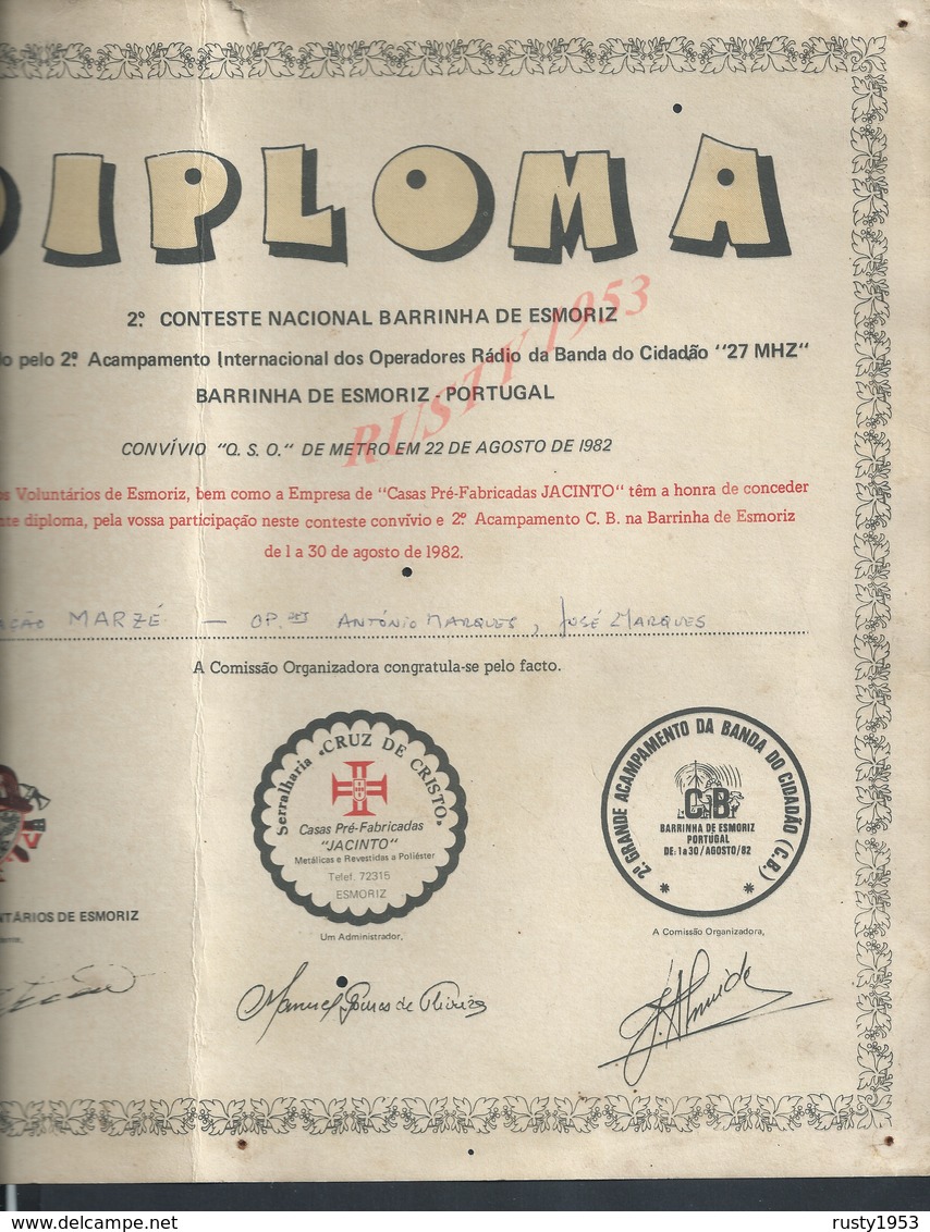 MILITARIA PORTUGAL DIPLOMA BOMBEIROS VOLUNTARIOS ( POMPIERS ) DE ESMORIZ OVAR CRUZ DE CRISTO PLIE VEND EN ETAT : - Pompiers