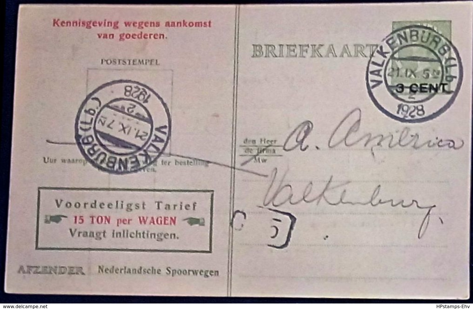 Netherlands 1929 Ned. Spoorw Kennisgeving Kaart Lebeau 3 C. Lokaal Bestel C.5, Valkenburg-2, 21.IX.1929 - 2002.2501 - Lettres & Documents