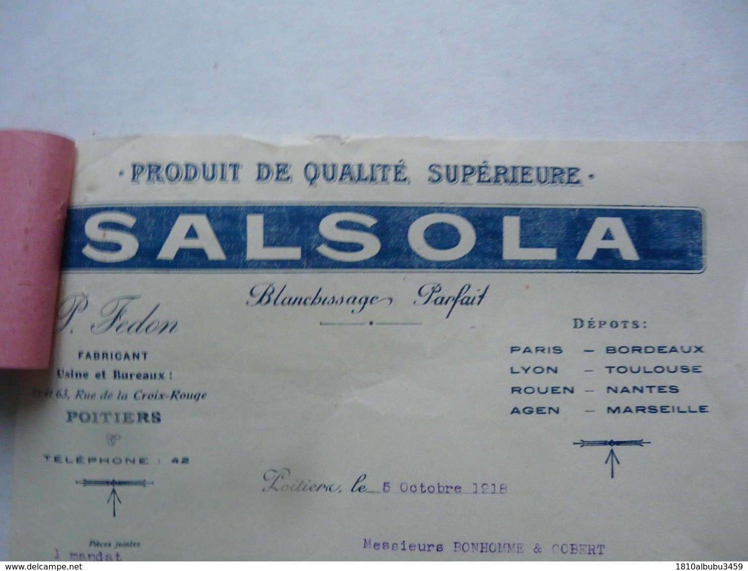 VIEUX PAPIERS - DOCUMENTS COMMERCIAUX : Facture - SALSOLA - Poitiers - 1900 – 1949