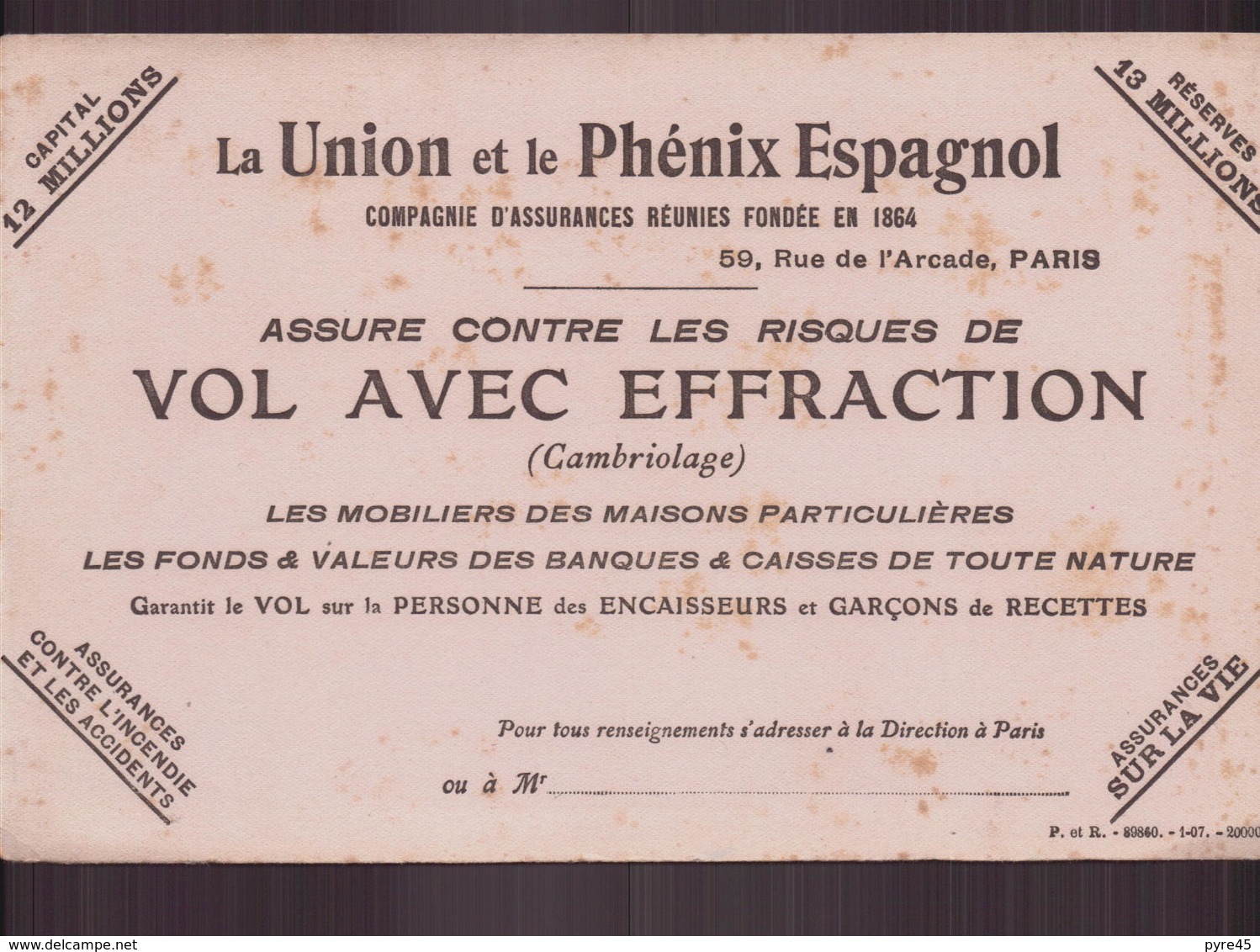 Buvard " La Union Et Le Phénix Espagnol " Assurance  ( 22 X 14 Cm ) Pliures, Rousseurs - Banque & Assurance