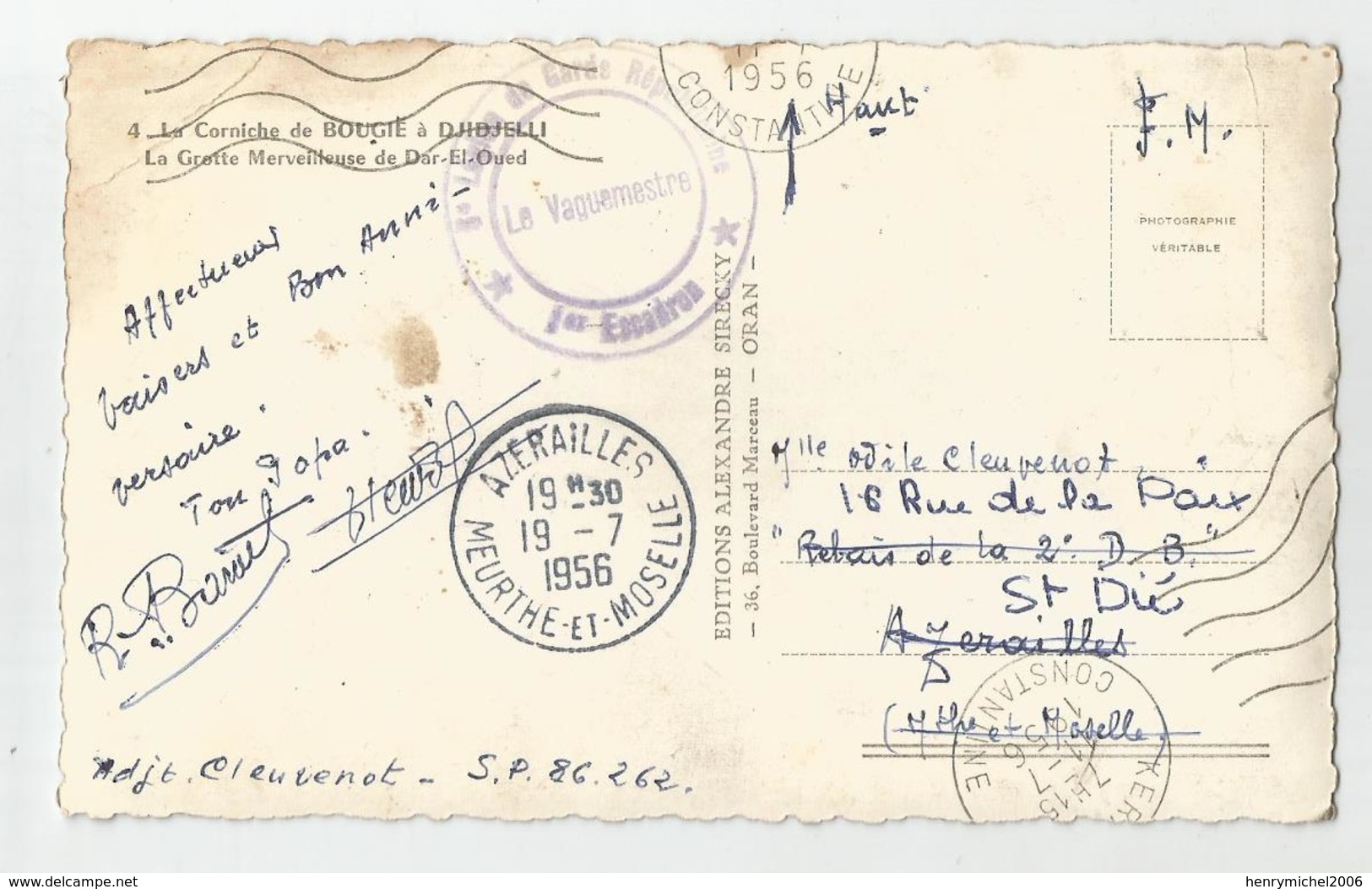 Marcophilie Guerre D'algérie Cachet 5 Legion De Garde Républicaine 1er Escadron 1956 Constantine En Fm Carte Reexpédiée - Algerienkrieg