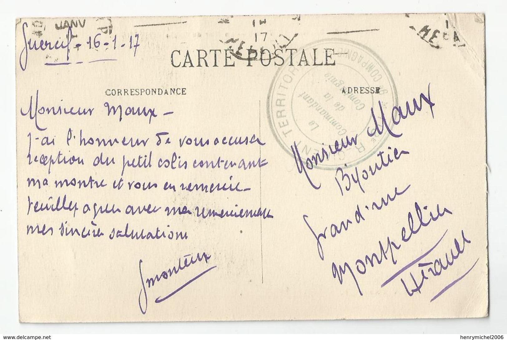 Marcophilie Guercif 1917 Cachet 113 E Régiment Territorial 9e Compagnie Pour Montpellier - WW I