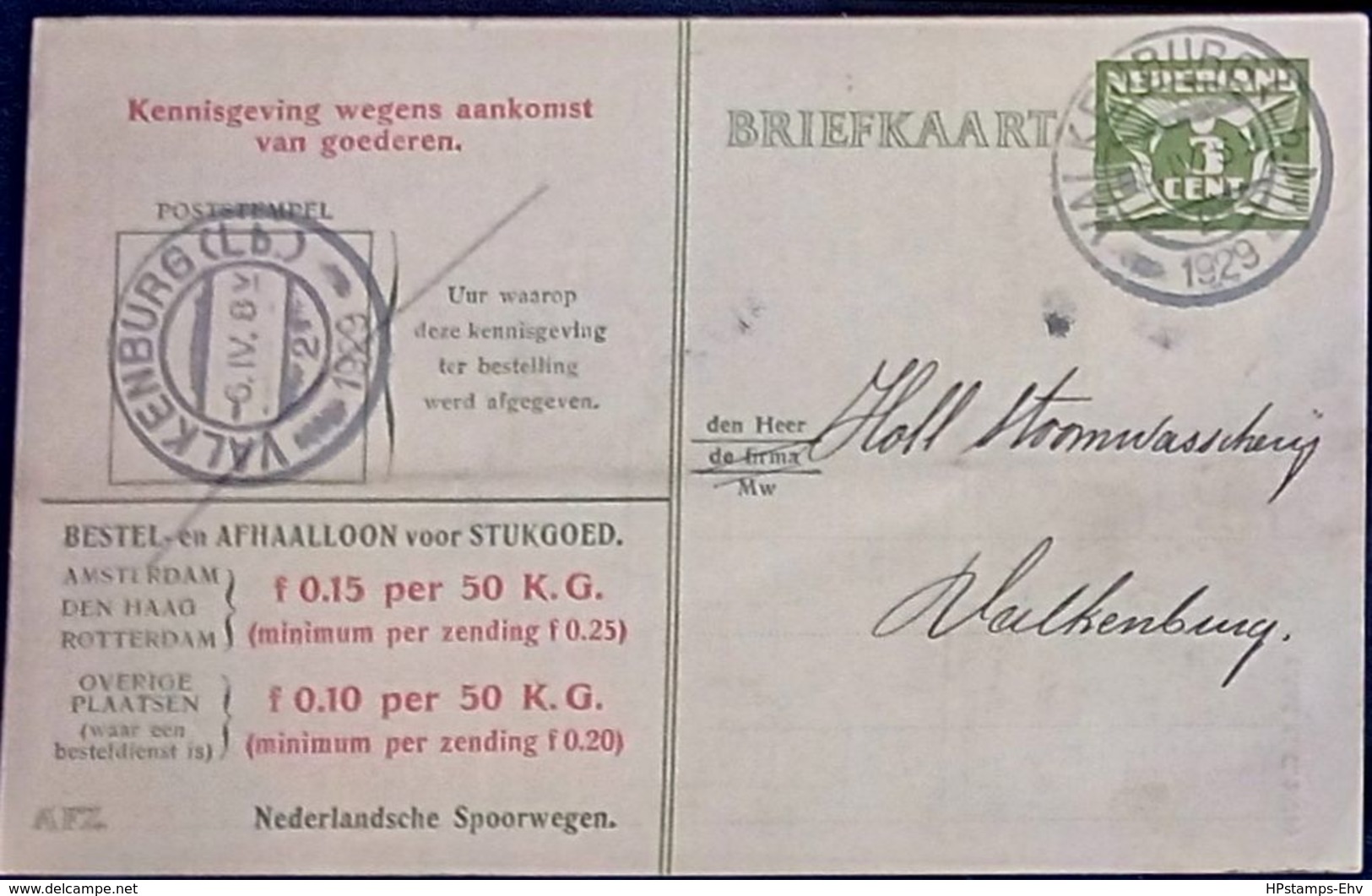 Netherlands 1929 Ned. Spoorw Kennisgeving Kaart Lebeau 3 C. Lokaal Valkenburg-2, 5 III.1929 - 2002.2506 - Lettres & Documents