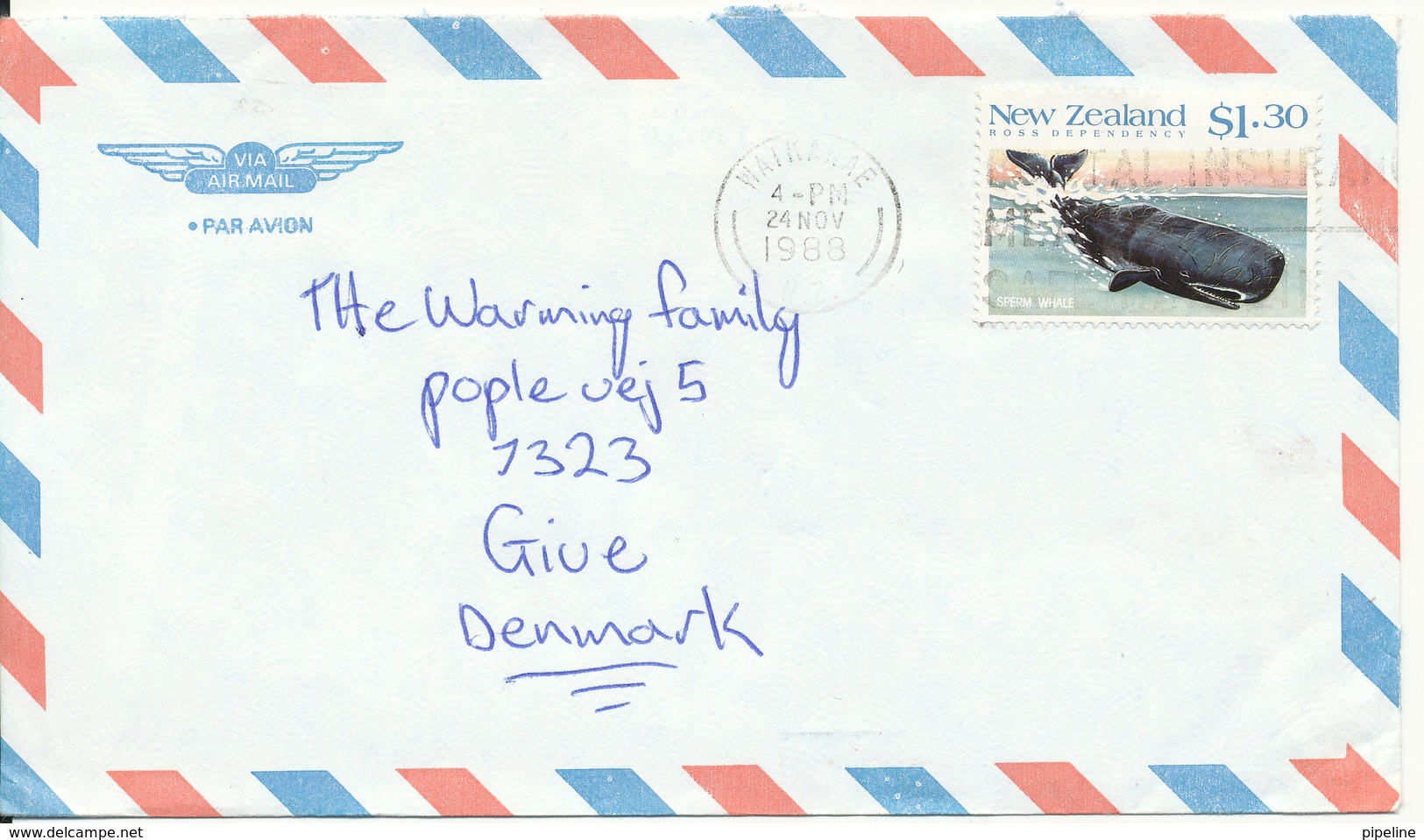 New Zealand Air Mail Cover Sent To Denmark Waikanae 24-11-1988 Single Franked - Airmail