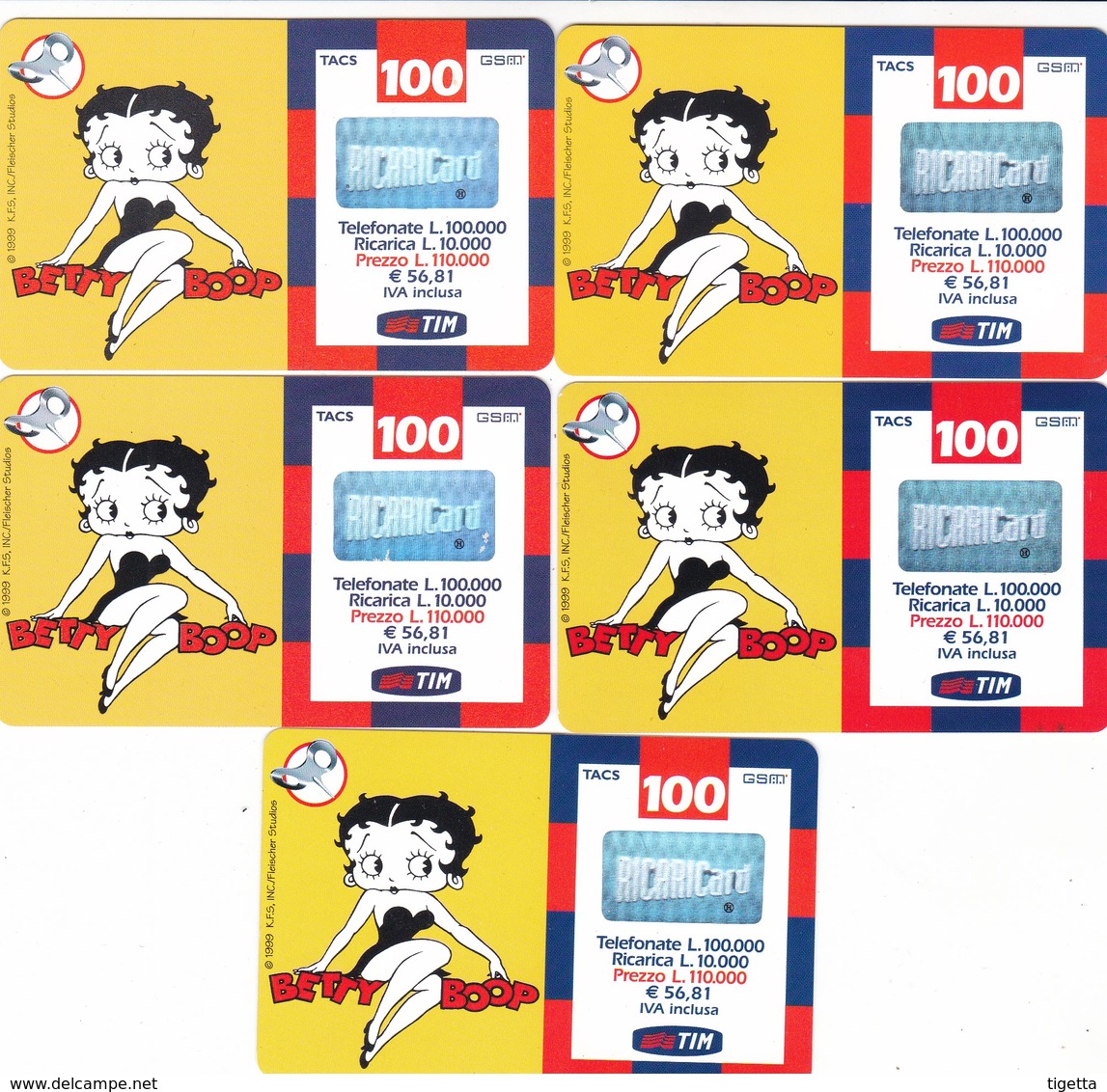 LOTTO 53 DI N° 5 SCHEDE PREPAGATE & RICARICHE "TIM BETTY BOOP" TUTTE DIVERSE - [2] Sim Cards, Prepaid & Refills