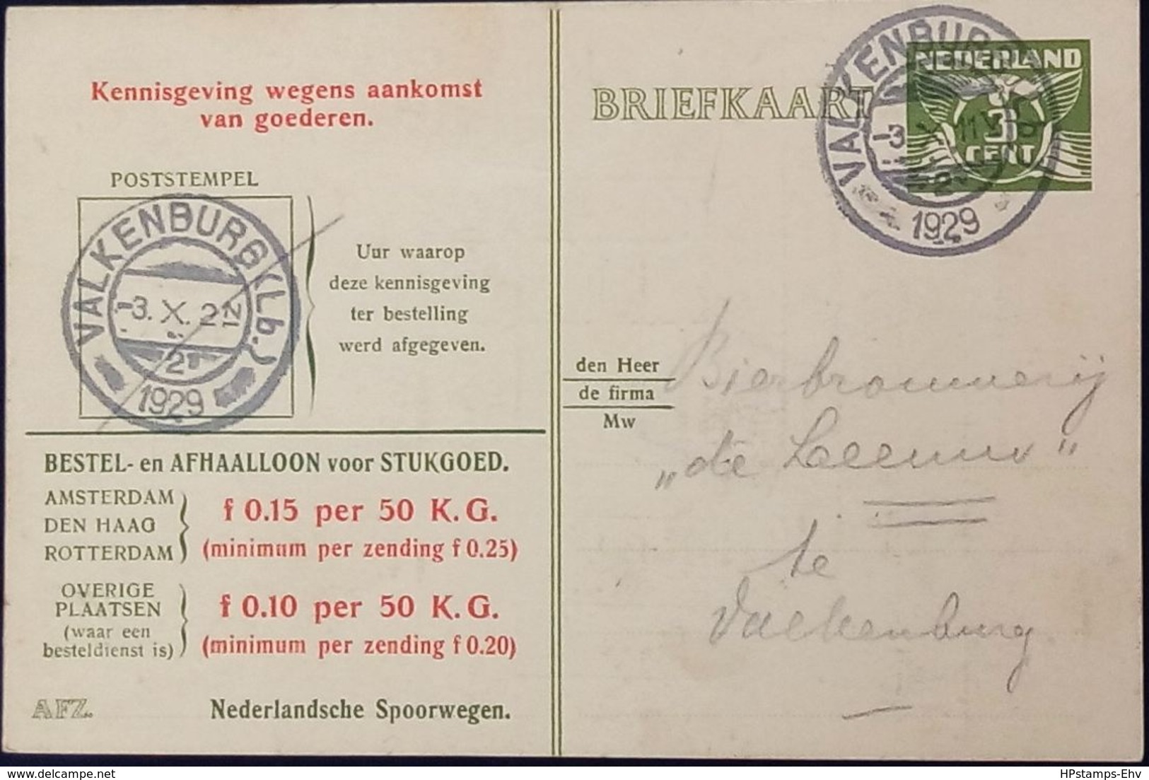 Netherlands 1929 Ned. Spoorw Kennisgeving Kaart Lebeau 3 C. Lokaal Valkenburg (LB)-2, 3.X.1929 - 2002.2511 - Lettres & Documents