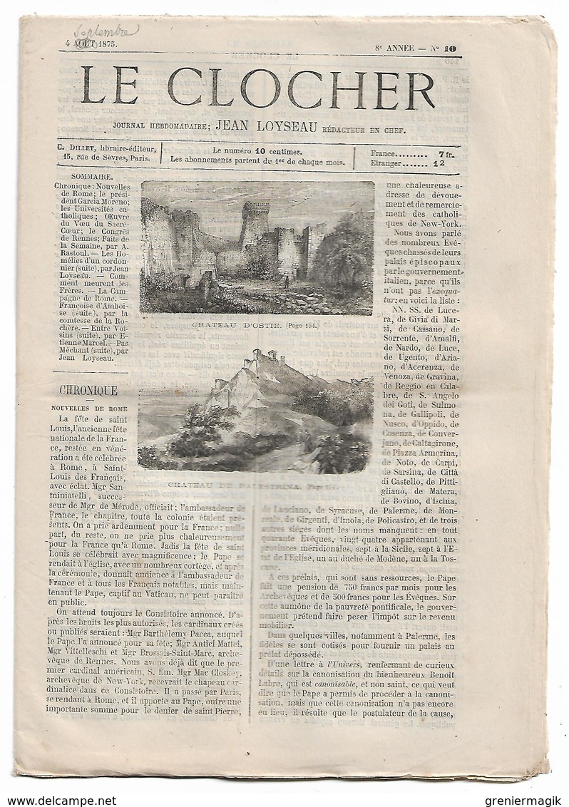 Journal Le Clocher N°10 Du 04/09/1875 Jean Loyseau - Château D'Ostie Et Château De Palestrina- Nouvelles De Rome... - 1850 - 1899