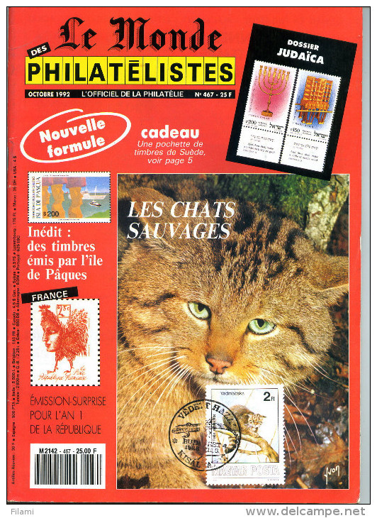 Le Monde Des Philatelistes N.467 Octobre 1992,chat Sauvage,judaisme,judaïca Carte Postale,ile De Pâques,coléoptères Taxe - Français (àpd. 1941)