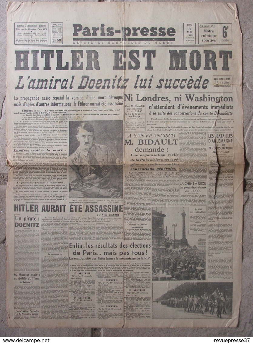 Journal Paris-Presse (3 Mai 1945) Hitler Est Mort - Elections De Paris - Autres & Non Classés