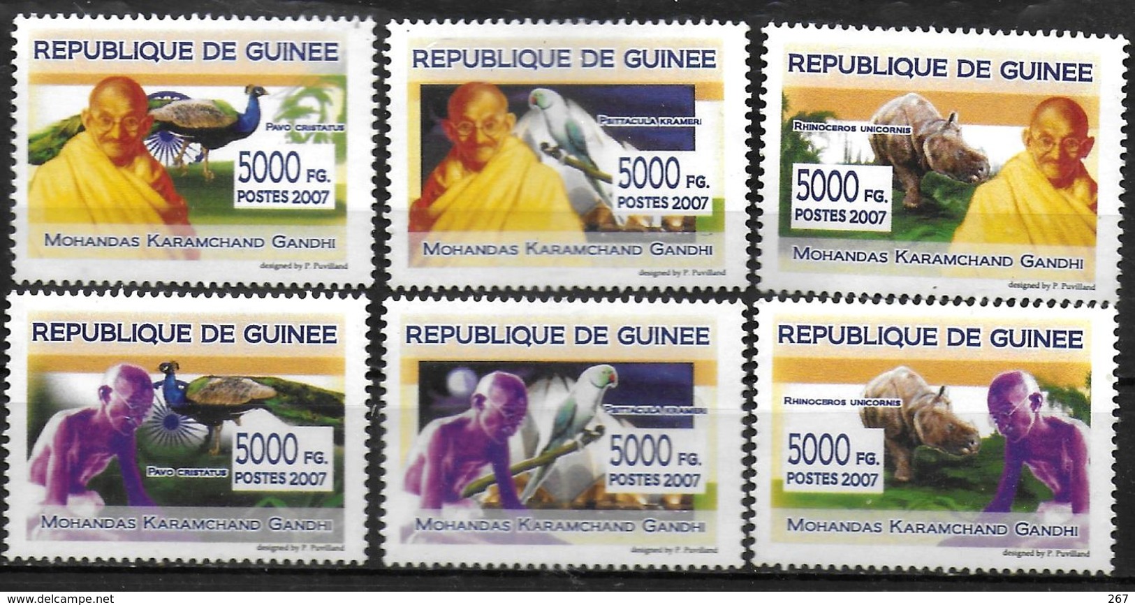 GUINEE   N° 3417/22 * * ( Cote 15e ) Gandhi Oiseaux Paon Perroquets Rhinoceros - Mahatma Gandhi
