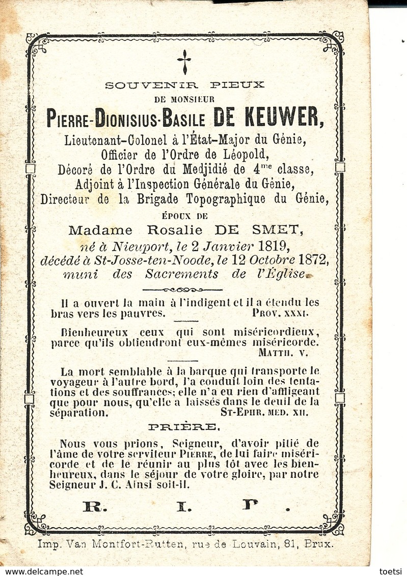 DoodsprentJE  Image Pieuse P.D.B. DE KEUWER  MILITAIR NIEUWPOORT 1819   ST JOSSE TEN NOODE 1872 - Religion & Esotérisme