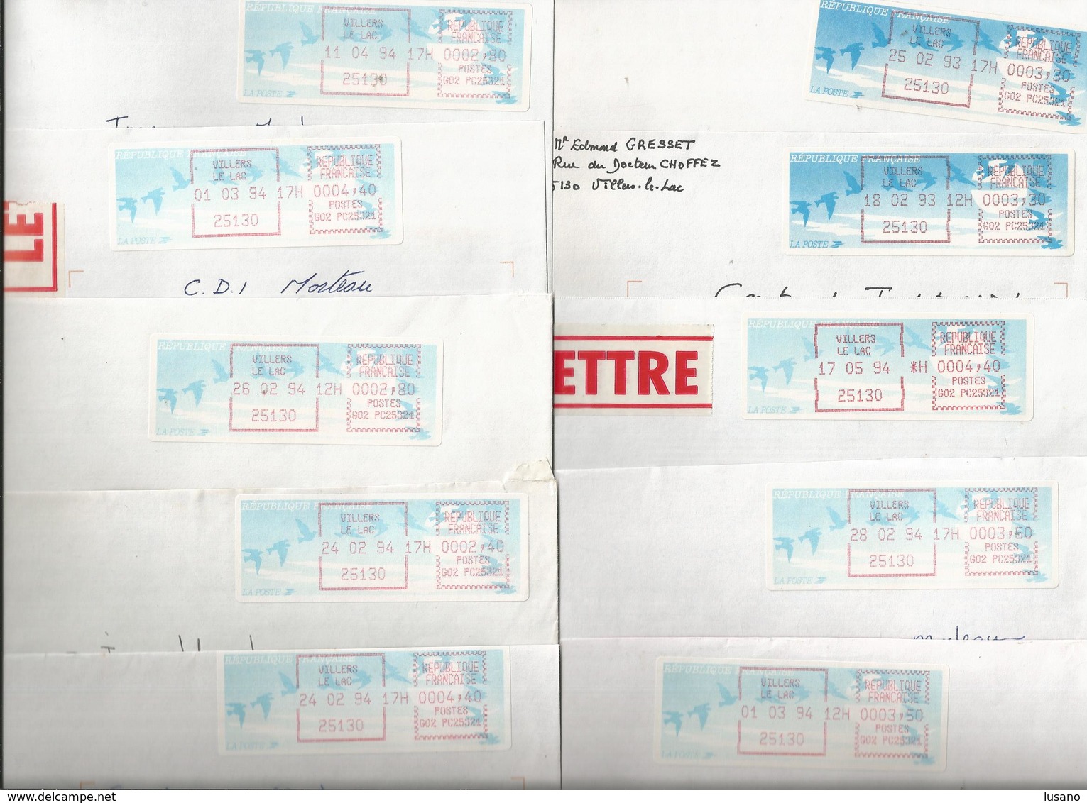 Lot De 10 Vignettes D'affranchissement Type "Oiseaux De Jubert" Sur Enveloppes - Bureau De Villers-le-Lac (Doubs) - 1990 « Oiseaux De Jubert »