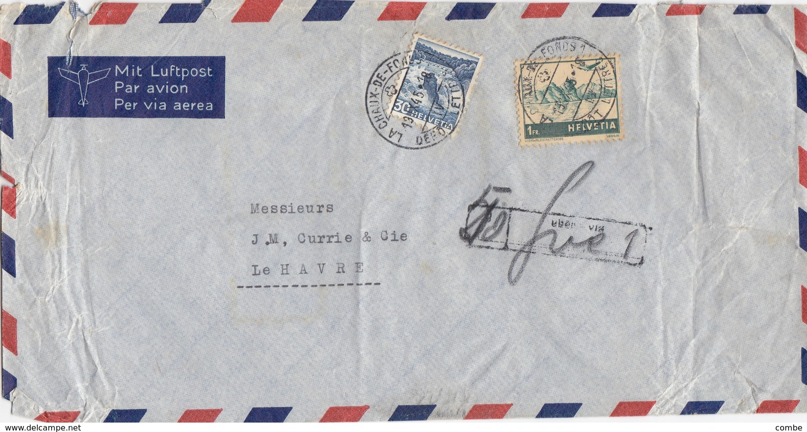 LETTRE. SUISSE. 13 9 45. PAR AVION. 1,30Fr. LA CHAUX-DE-FONDS POUR LE HAVRE TAXE 50  / 3 - Briefe U. Dokumente