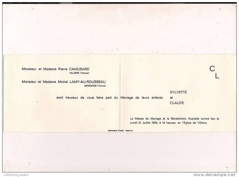 ###Faire Part De Mariage De Sylvette Camusard & Claude Lamy-au-Rousseau Le 12/07/1965 à Villiers, Vienne - Huwelijksaankondigingen