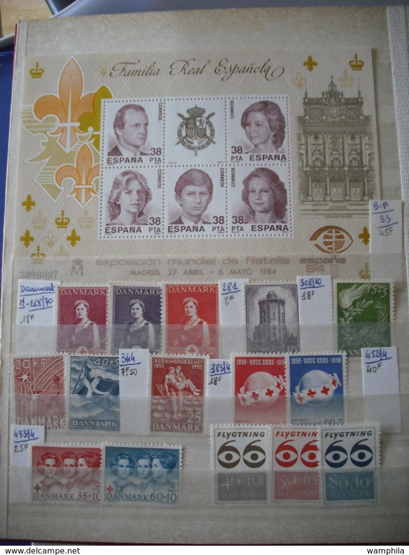 Belgique,Espagne,Danemark,Suéde,Turquie un classeur de timbres neufs,blocs,carnets.