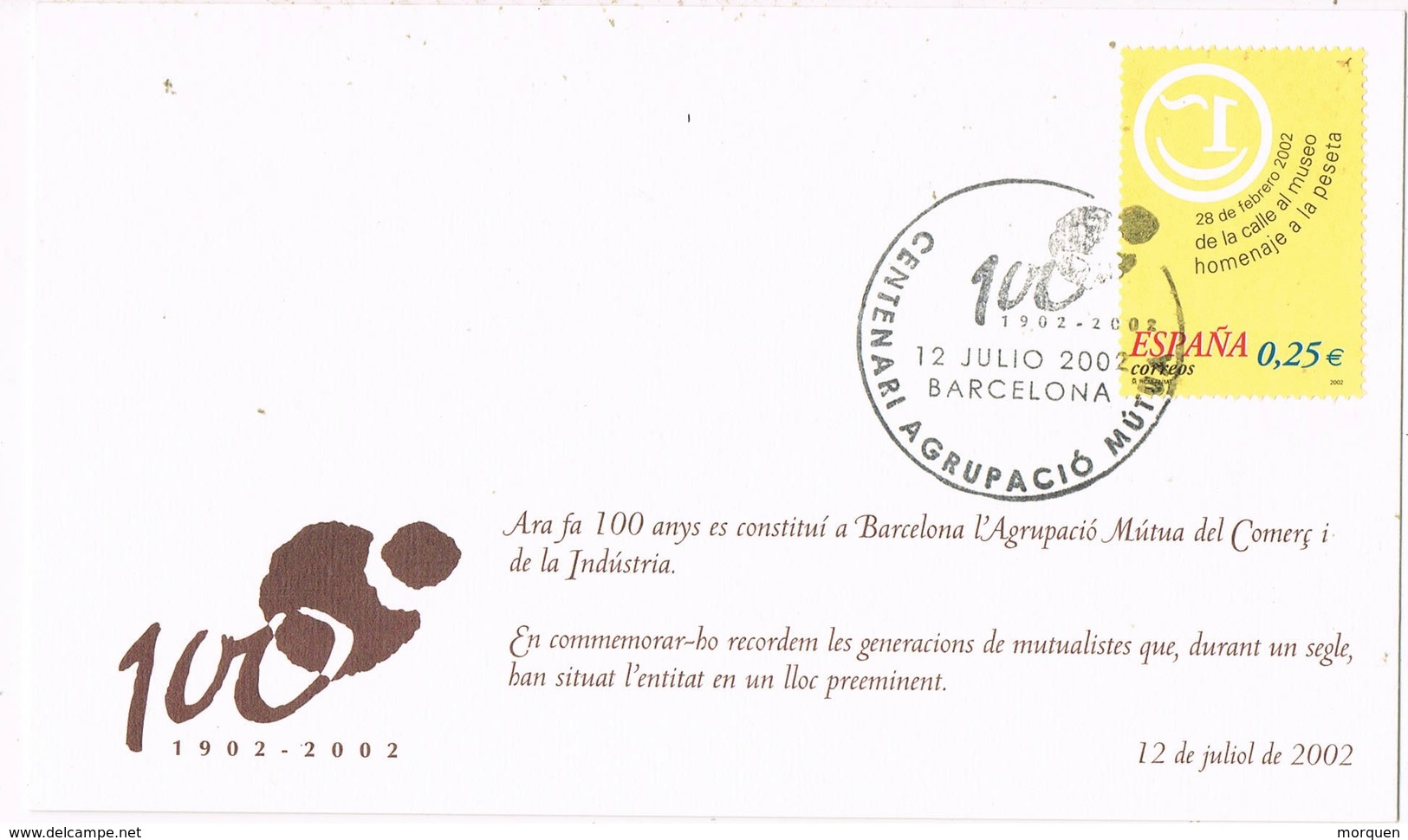 35890. Tarjeta BARCELONA 2002. 100 Años Agrupacion Mutua Comercio E Industria - Cartas & Documentos