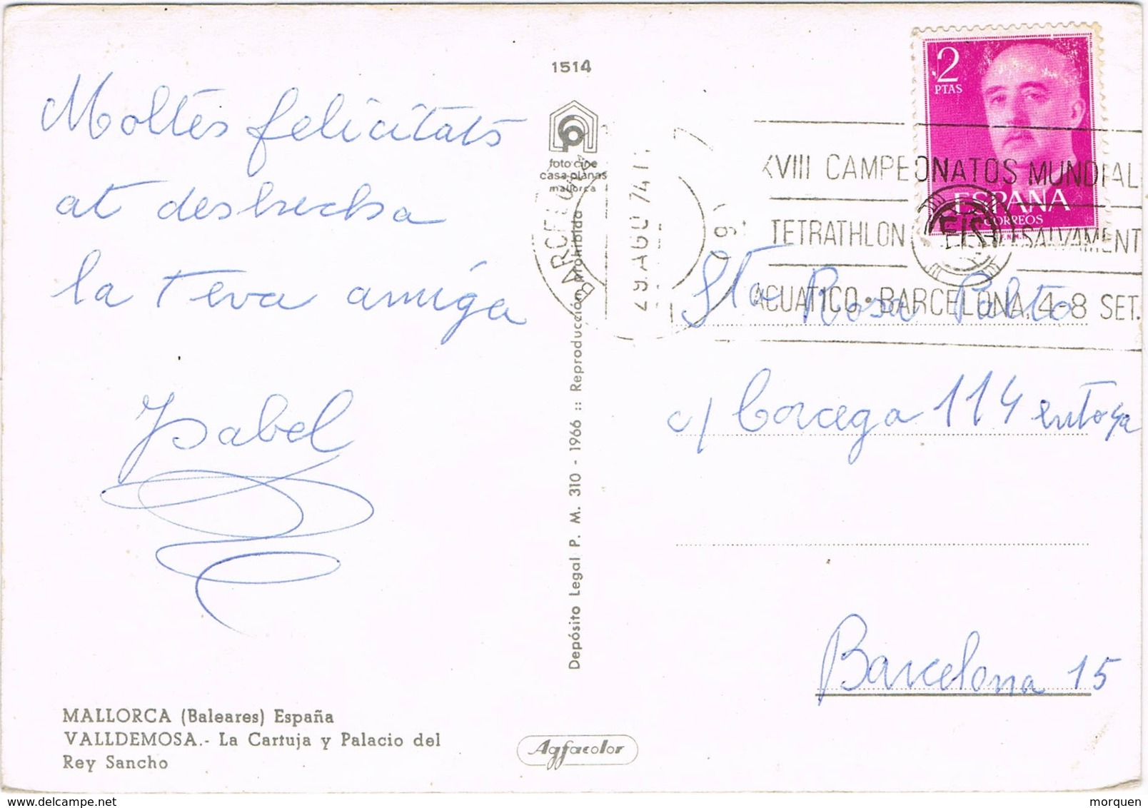 35892. Postal BARCELONA 1974. Rodillo Campeonato Tetrathlon Y Salvamento Nautico - Cartas & Documentos