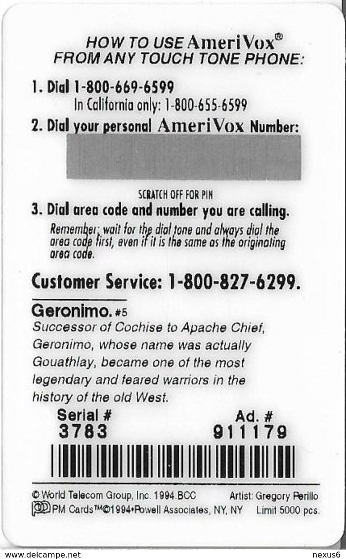 USA - AmeriVox - Perillo Native American Artwork - AVX-Pr152 - Geronimo On Horse #5, Remote Mem. 2.50$, 5.000ex, Mint - Amerivox