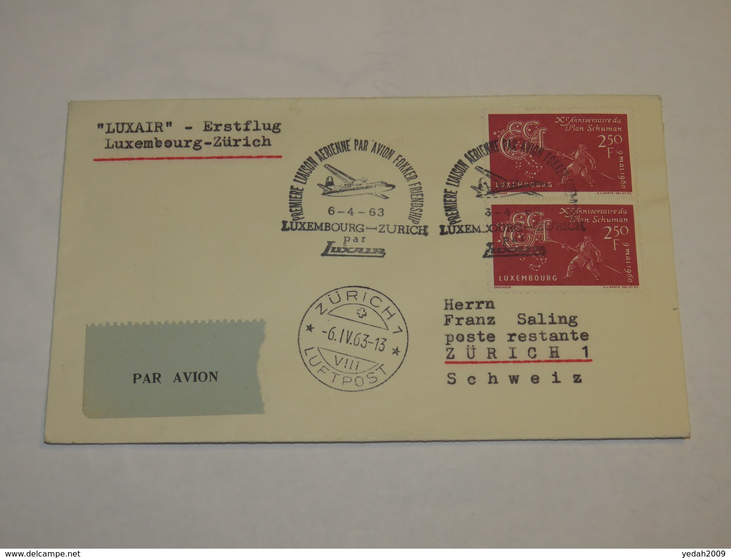 Luxembourg First Flight Cover 1963 - Sonstige & Ohne Zuordnung