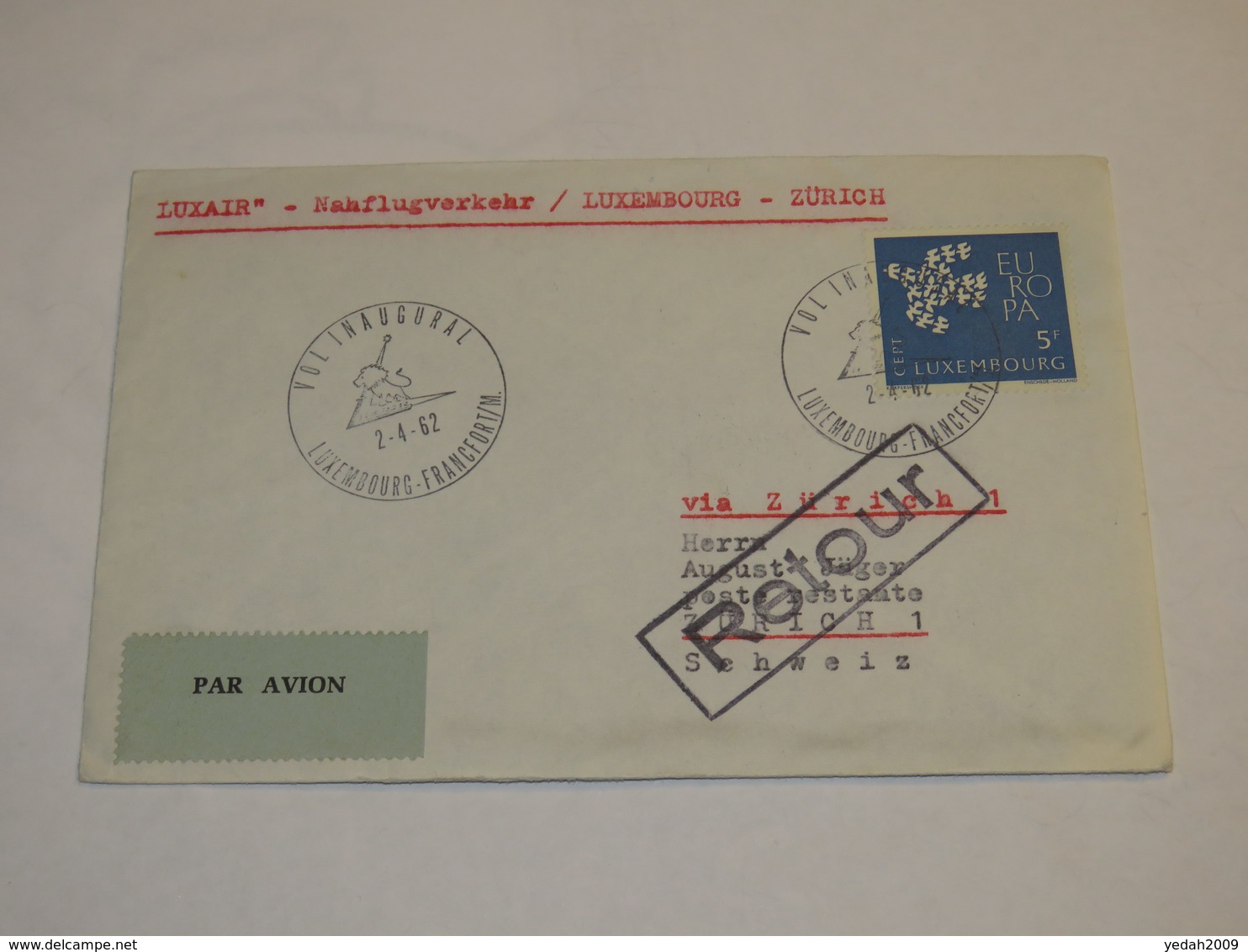 Luxembourg First Flight Cover 1962 - Andere & Zonder Classificatie