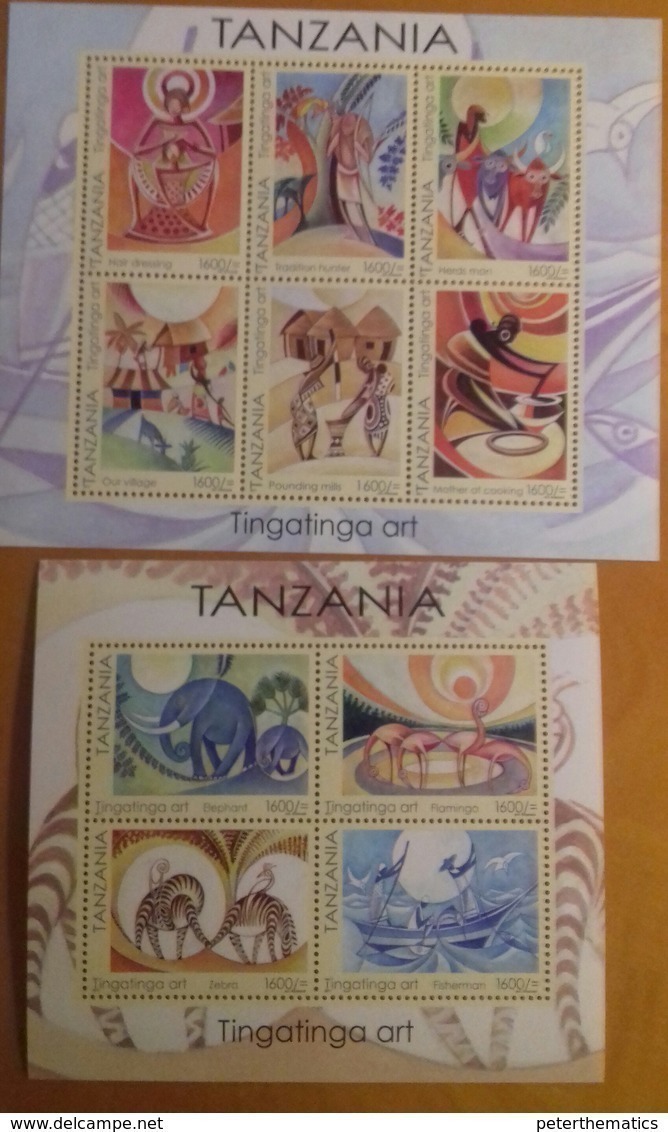 TANZANIA, 2018, MNH, TINGATINGA ART, FISH, BOATS, BIRDS,ELEPHANTS, 2 SLTS+SS - Other & Unclassified