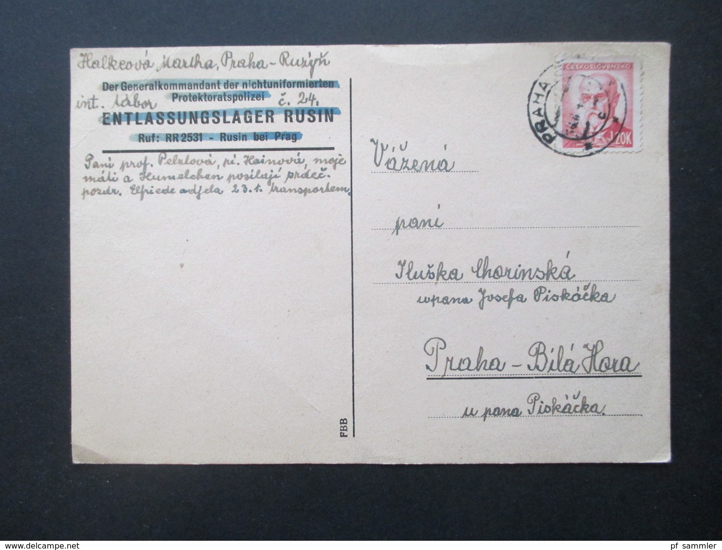 CSSR 2.1946 PK Der Generalkommandant Der Nichtuniformierten Protektoriatspolizei Entlassungslager Rusin Bei Prag - Covers & Documents