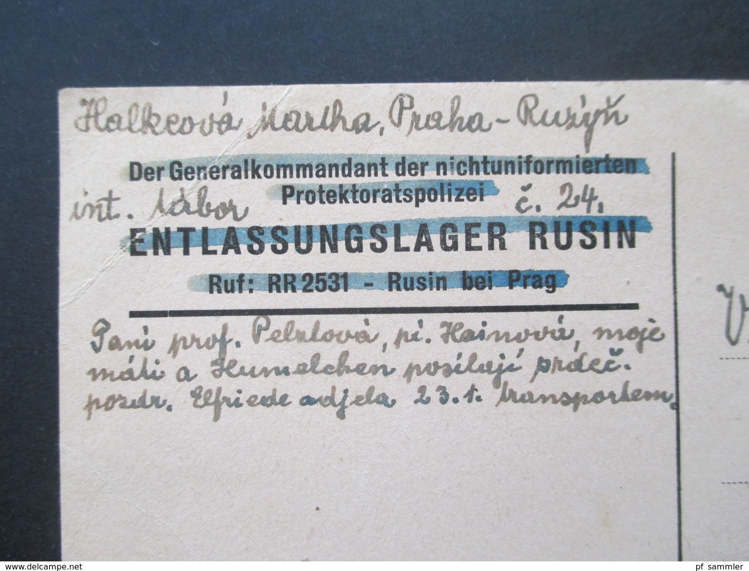 CSSR 2.1946 PK Der Generalkommandant Der Nichtuniformierten Protektoriatspolizei Entlassungslager Rusin Bei Prag - Storia Postale