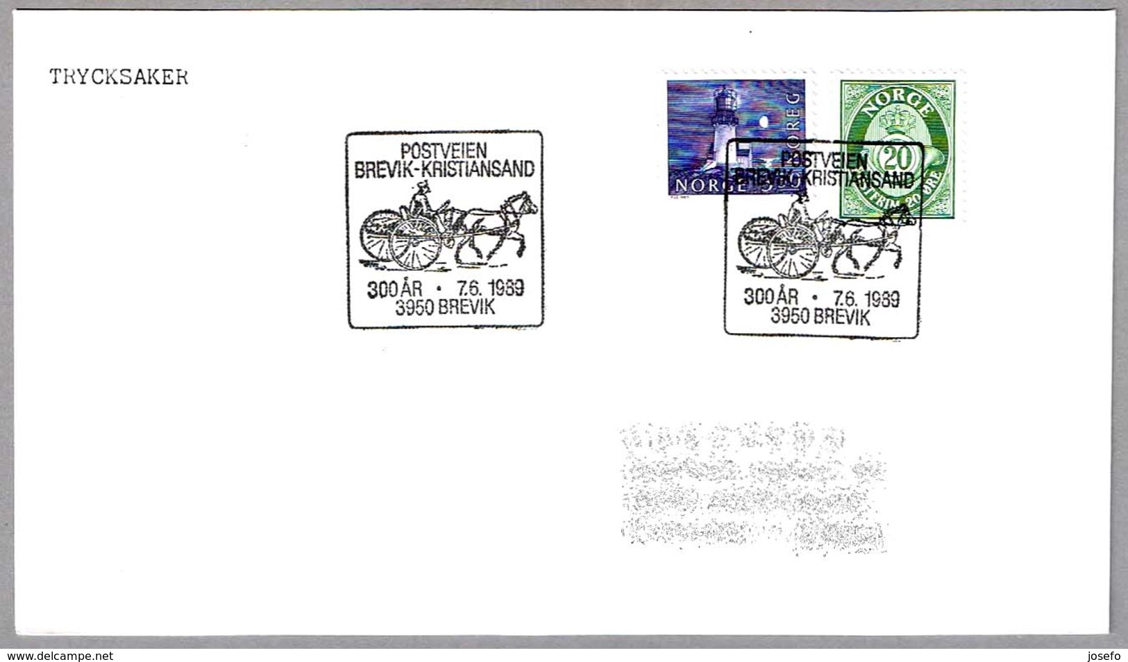 300 AÑOS SERVICIO POSTAL BREVIK-KRISTIANSAND. Caballo - Horse. Brevik, Noruega, 1989 - Correo Postal