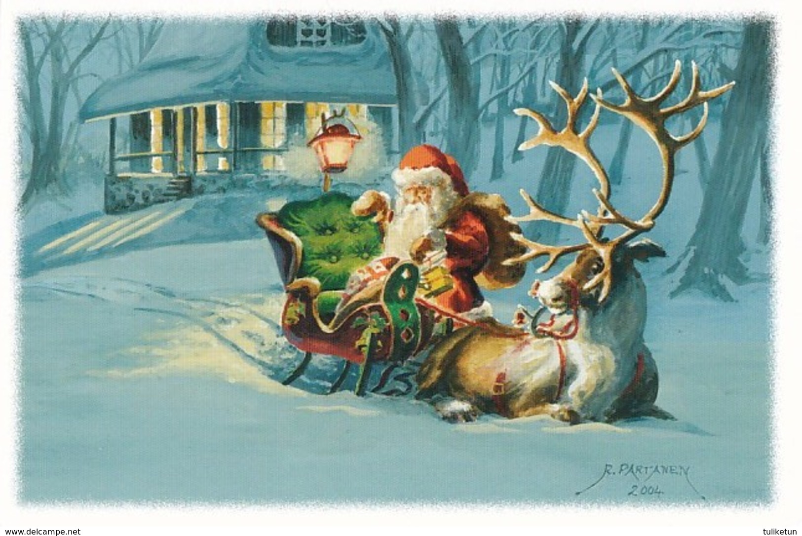 Santa Claus Packing Presents And Going For A Sleigh Ride With Reindeer - Raimo Partanen - Double Card - RARE - Autres & Non Classés