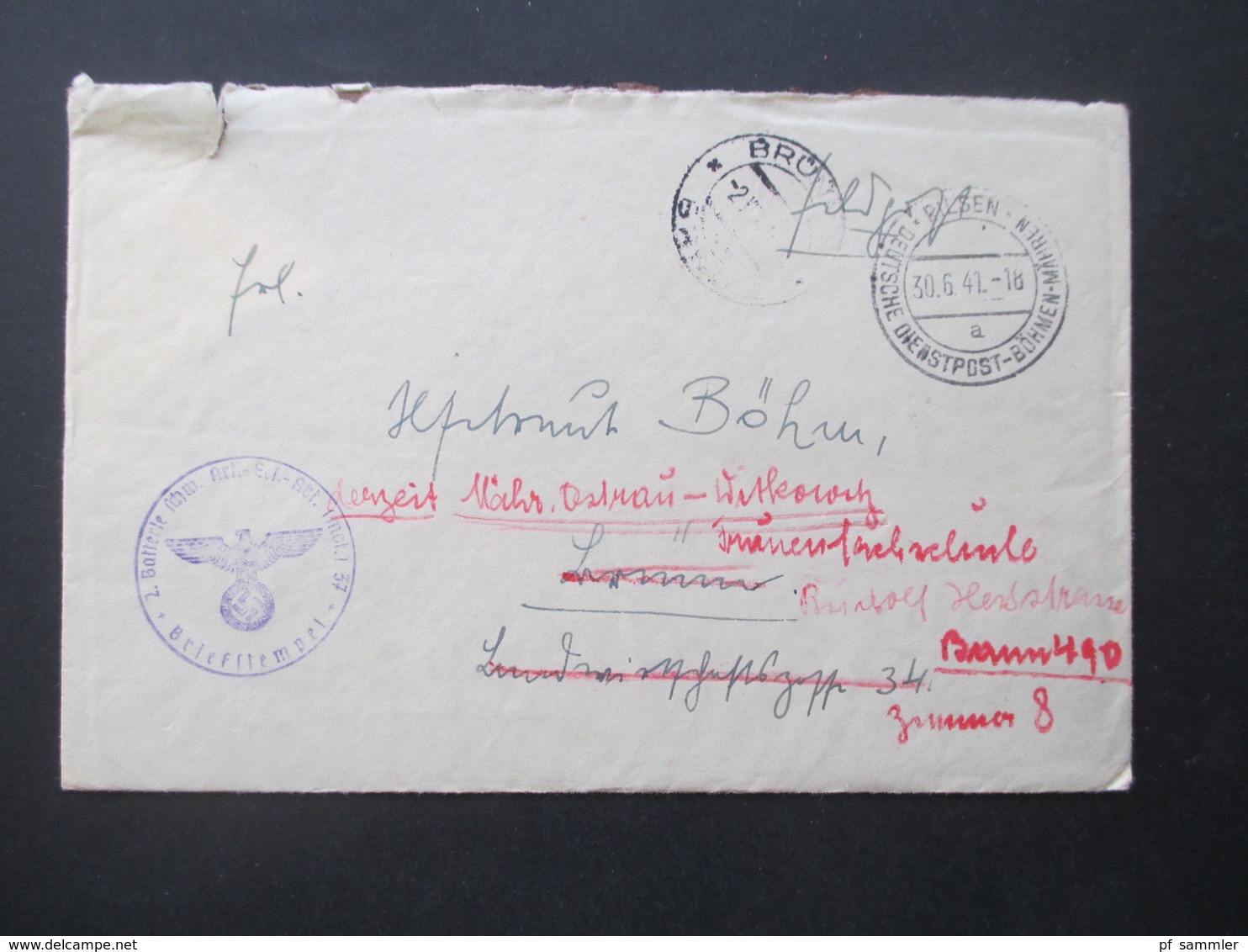 Deutsche Dienstpost Böhmen Und Mähren Pilsen (Ostkaserne) Nach Brünn Mit Ak Stempel Und Weitergeleitet Nach Mährisch Ost - Lettres & Documents