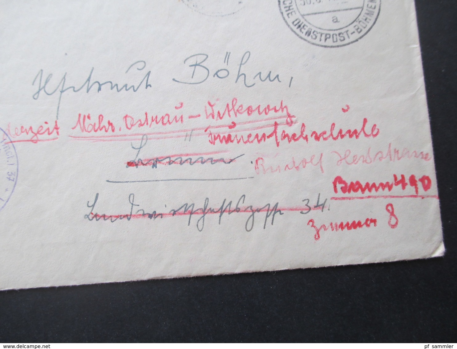 Deutsche Dienstpost Böhmen Und Mähren Pilsen (Ostkaserne) Nach Brünn Mit Ak Stempel Und Weitergeleitet Nach Mährisch Ost - Lettres & Documents