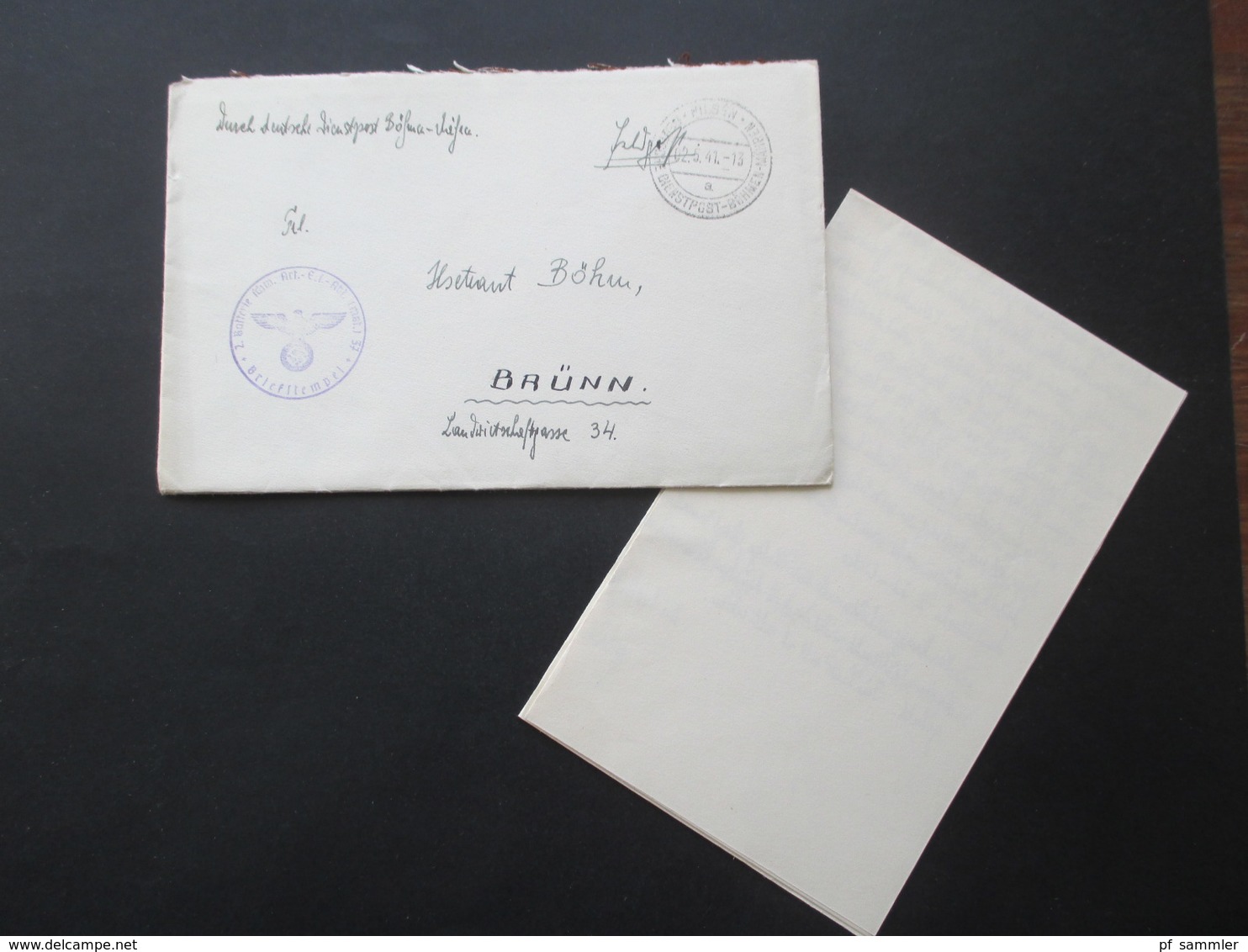 Handschriftlich Und Stempel Deutsche Dienstpost Böhmen Und Mähren Pilsen (Ostkaserne) Nach Brünn Mit Inhalt! - Lettres & Documents