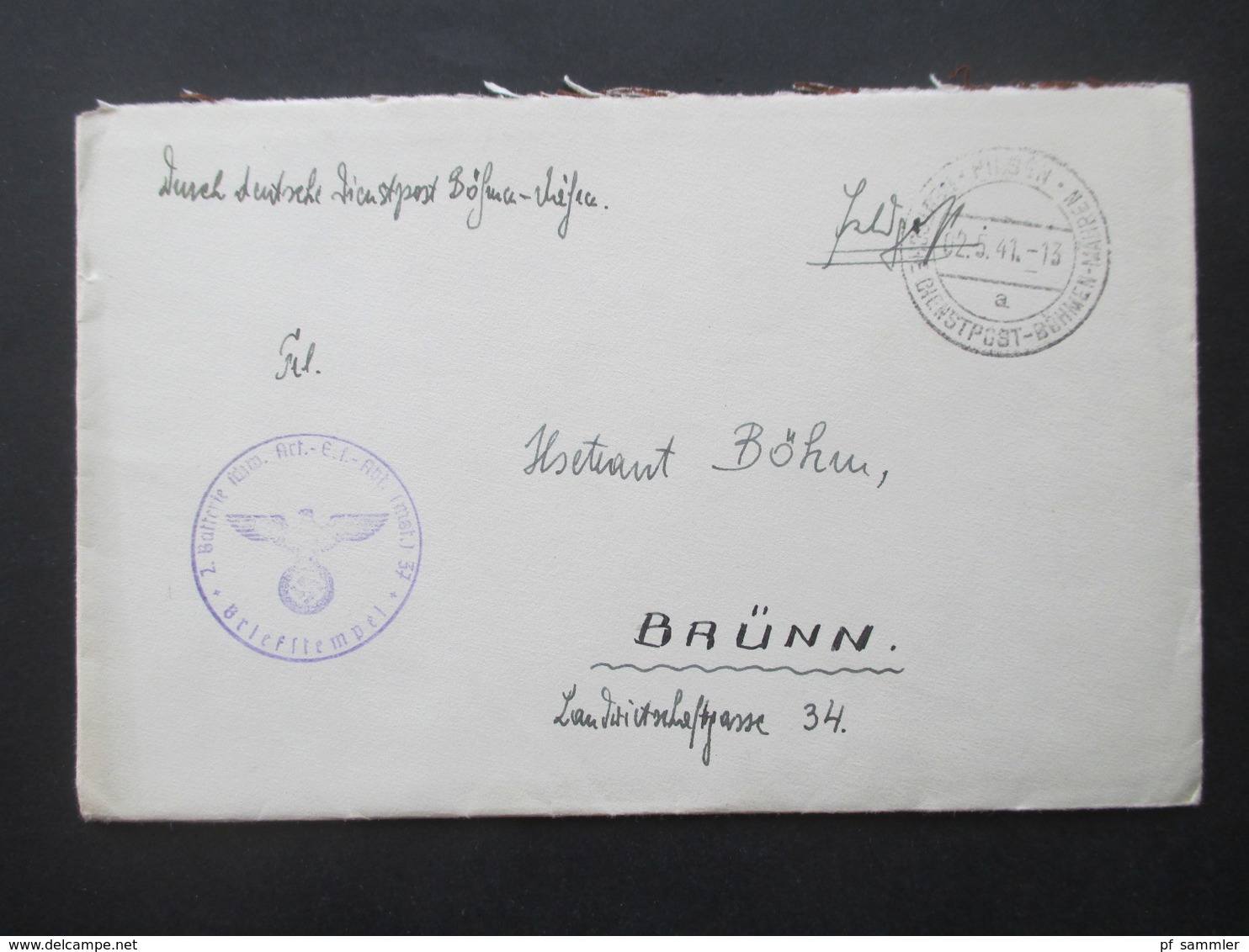 Handschriftlich Und Stempel Deutsche Dienstpost Böhmen Und Mähren Pilsen (Ostkaserne) Nach Brünn Mit Inhalt! - Storia Postale