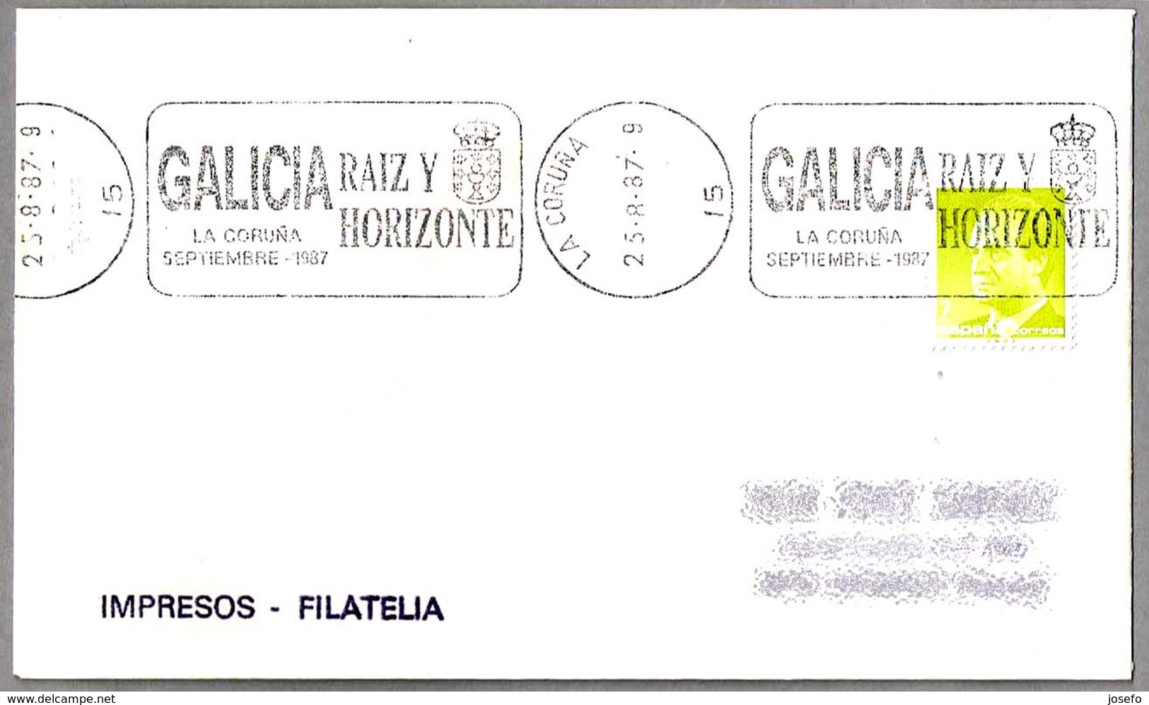 Rodillo GALCIA RAIZ Y HORIZONTE. La Coruña 1987 - Cartas & Documentos