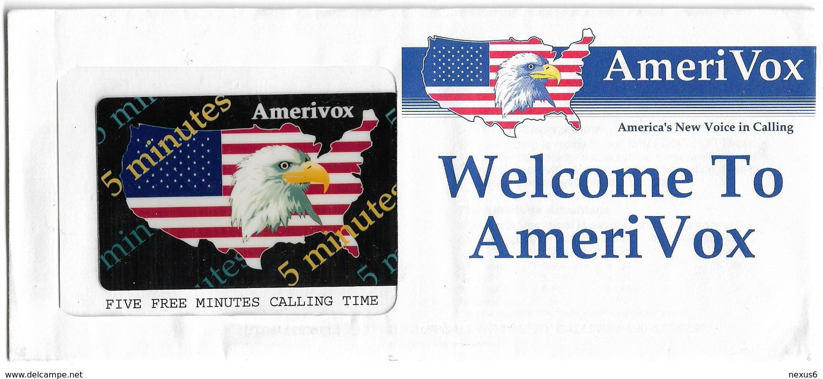 USA - AmeriVox - Eagle On United States Map-Flag, Remote Mem. 5Min, 30.000ex, Mint In Envelope - Amerivox