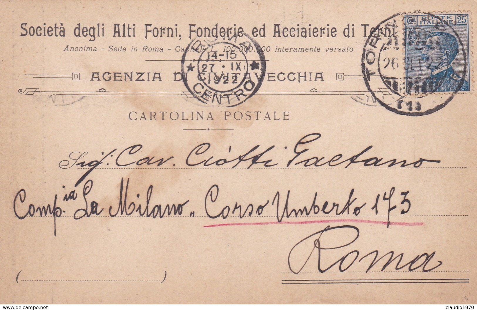 STORIA POSTALE - AGENZIA DI CIVITAVECCHIA -SOCIETA' DEGLI ALTI FORNI FONDERIE E ACCIAIERIE DI TERNI - VIAGGIATA PER ROMA - Storia Postale